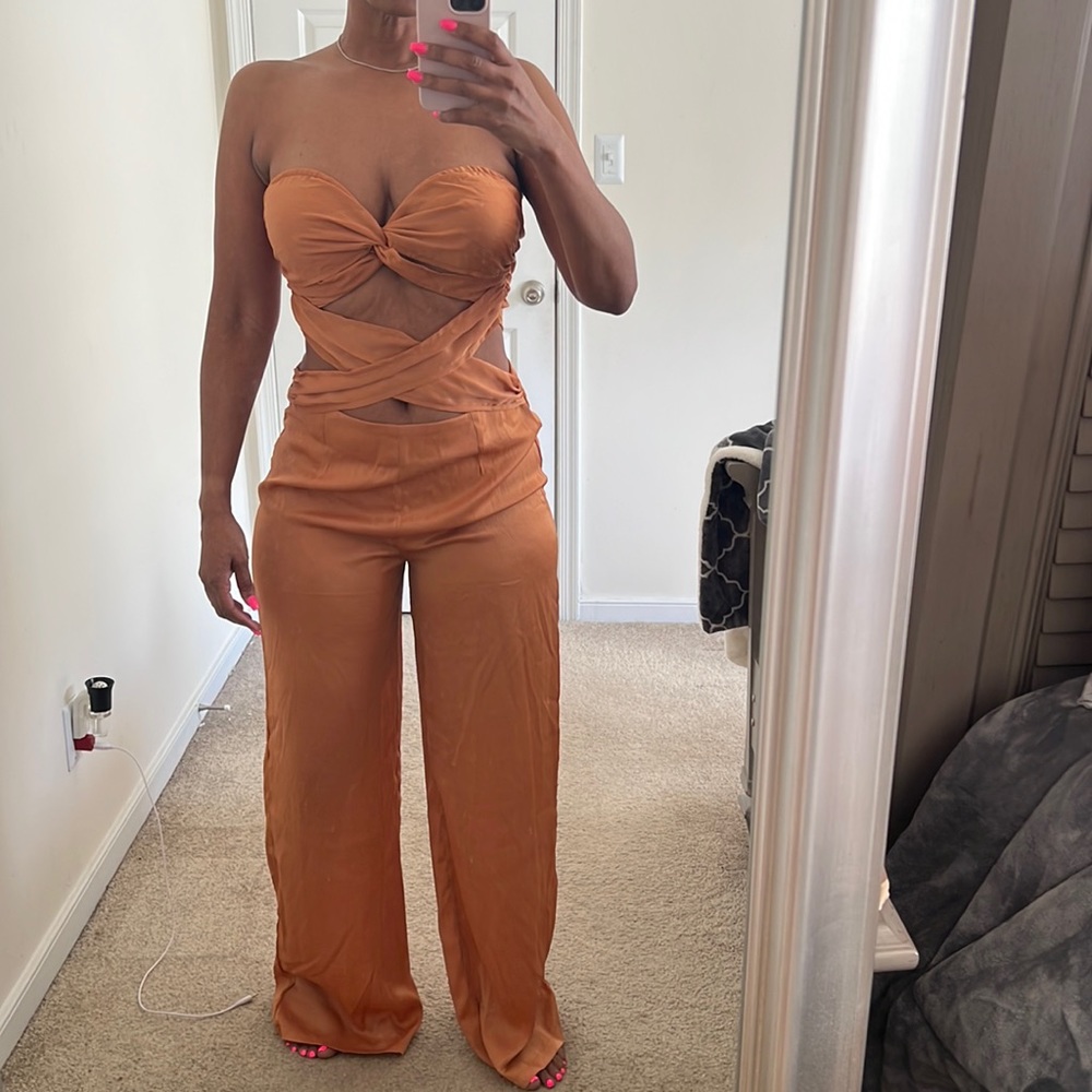 Rust  twist front bandeau jumpsuit(wide leg)
